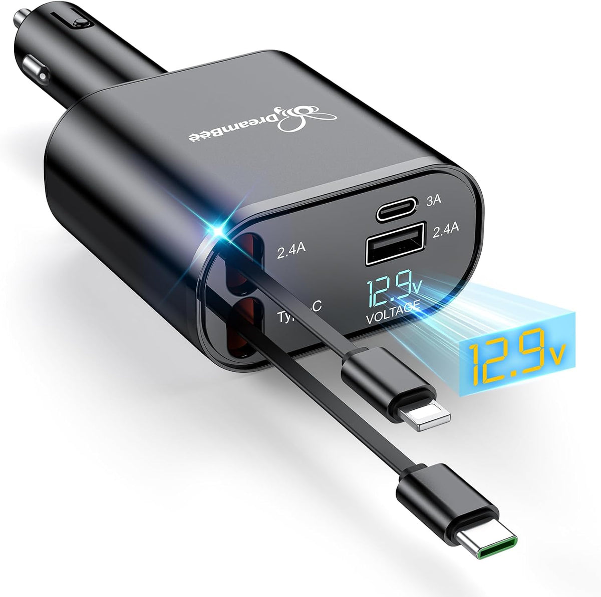 DreamBee Retractable Car Charger,66W 4 in 1 Super Fast Charge Car Phone Charger,Retractable Cables (31.5 inch) and 2 USB Ports Car Charger Adapter for iPhone 15/14/13/12 Pro Max XR,iPad,Samsung-Black