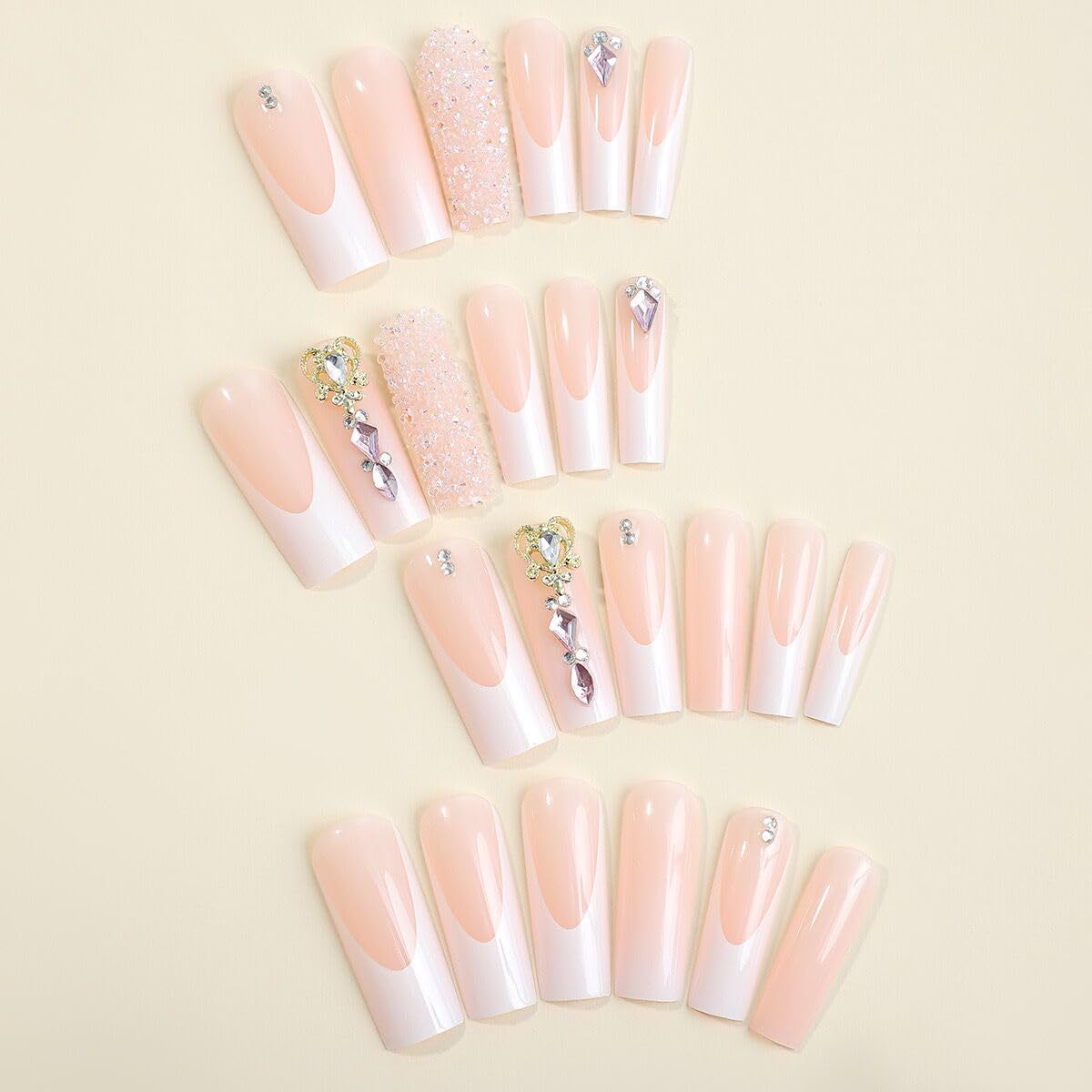 Long Press Coffin Glitter False Nails with Rhinestones Design Glue on French Tip Acrylic Glossy Full Cover Stick on Artificial Nails for Women Manicure 24Pcs