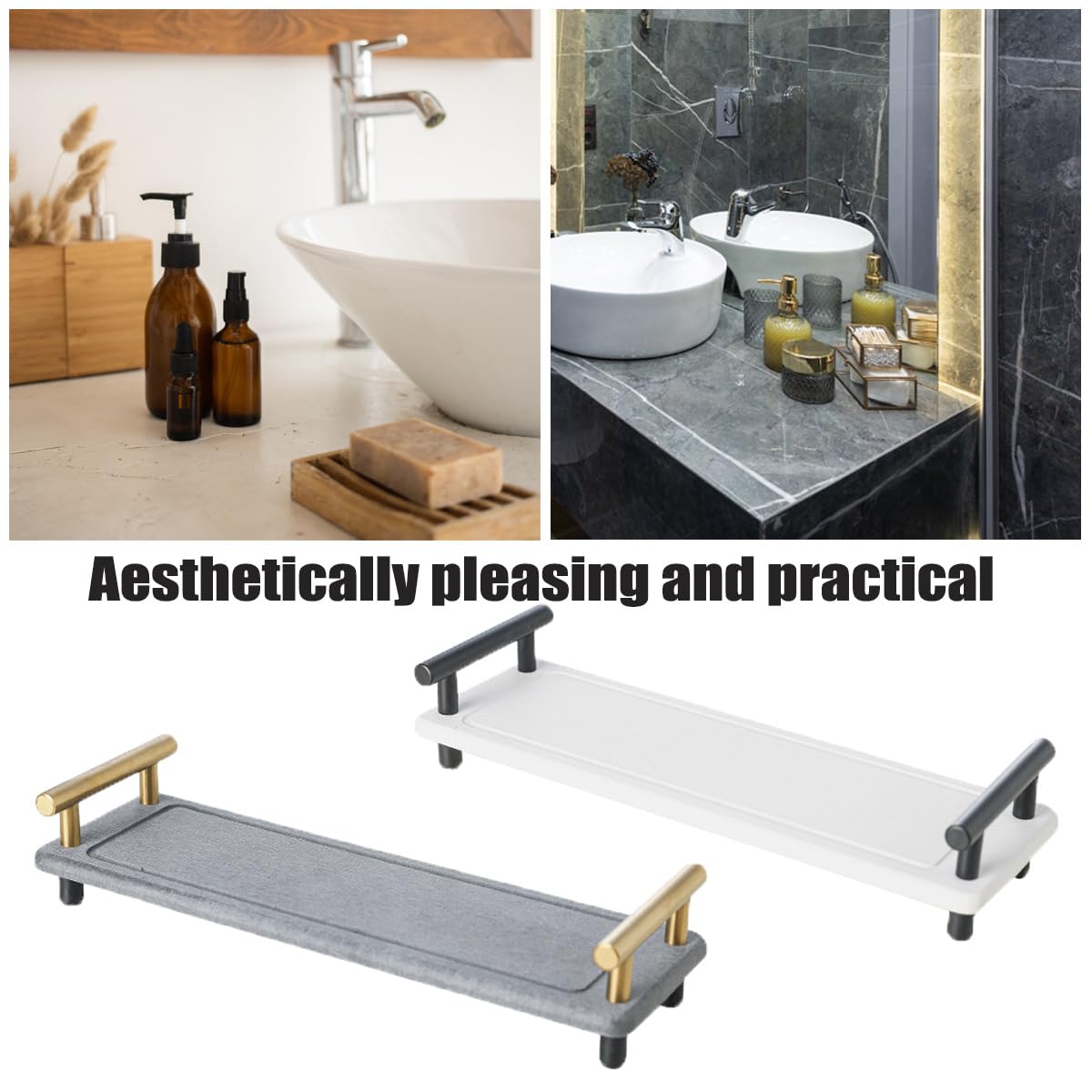 Instant Dry Sink Caddy Organizer,Diatomaceous Earth Bathroom Organizer with Handle Water Absorbing Stone Tray for Sink Water Absorbent Diatomite Coasters (S Gray Gold Handle)