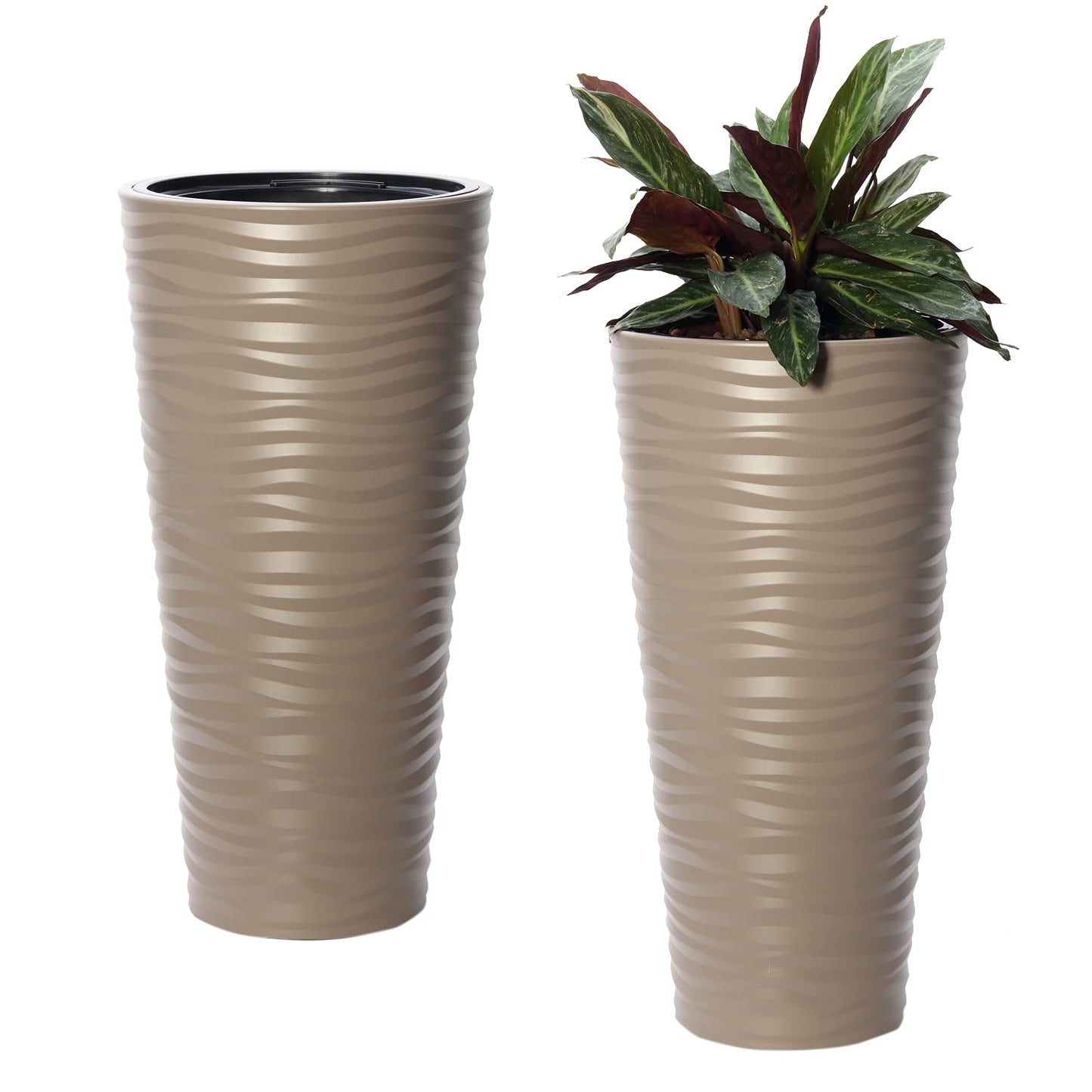 United Frames and Products “Michigan Dunes” Tall Modern Round Flower Pot with Insert Set of Two (31 Inch, Brown)