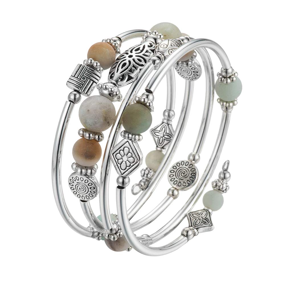 BULINLIN Layered Wrap Bangle Turquoise Bracelet - Bead Bracelet with Natural Agate Stone, Gifts For Women (03-Green)