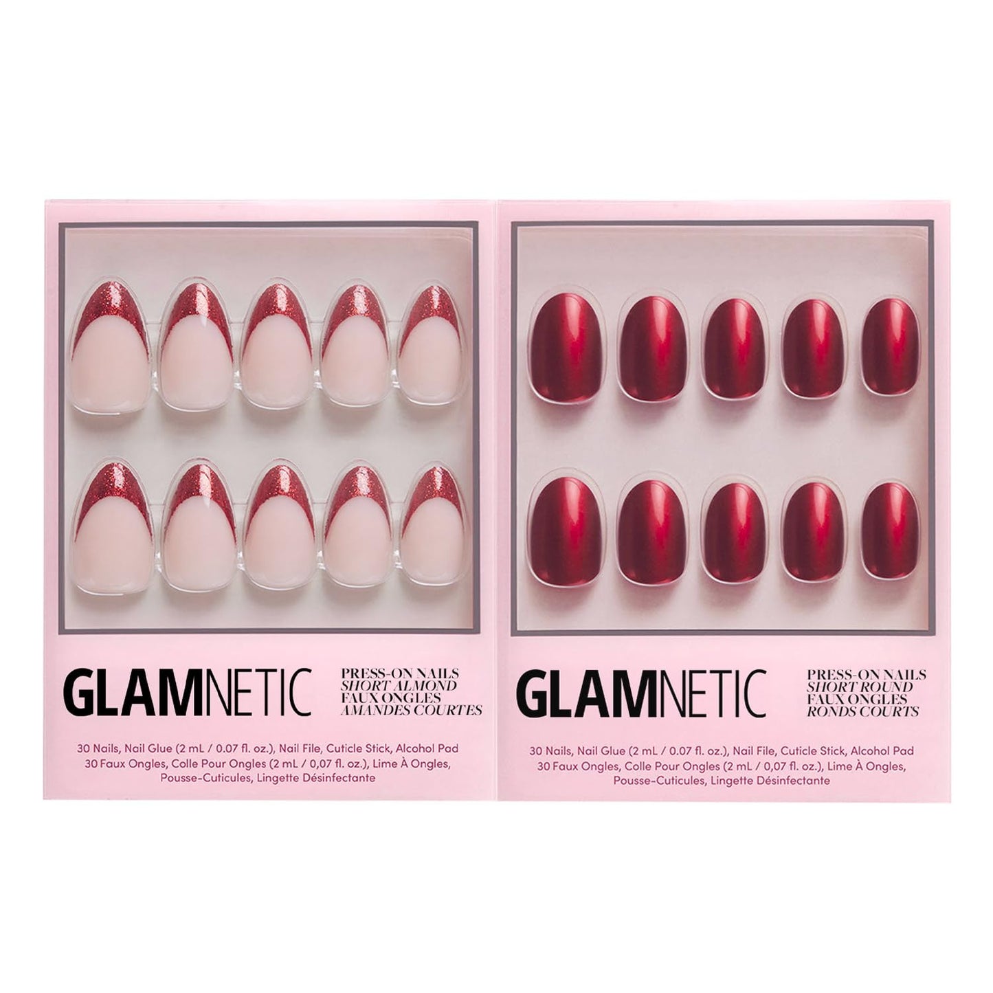Glamnetic Press-On Nails Bundle - Red Affair & Cherry Glaze | Short Almond Red Glitter French Tip Nails with a Glossy Finish | Short Round Cherry Red Nails with a Glazed Finish | Reusable, Salon-Quali