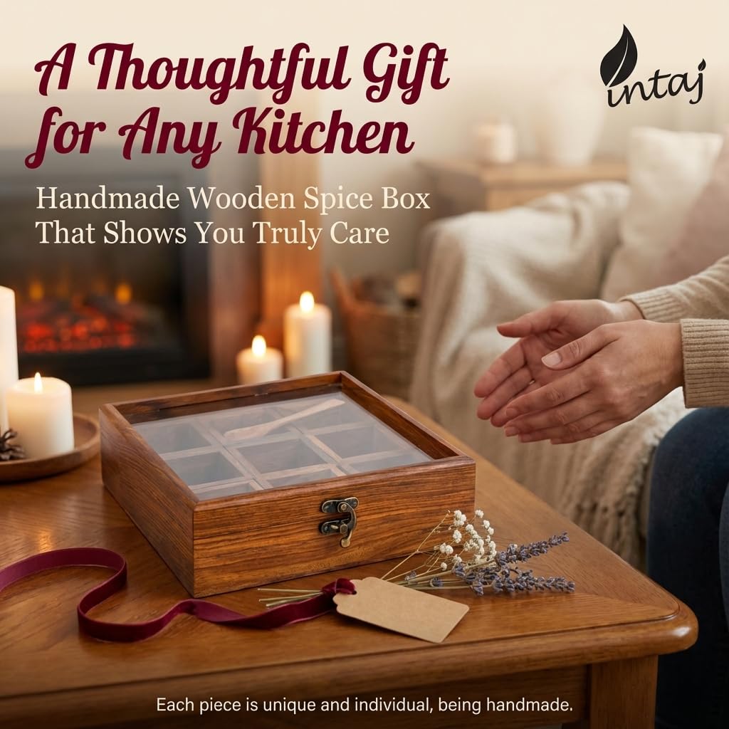 INTAJ Wooden Spice Box Organizer Square Masala Dabba 9 Compartment Seasoning Herb Container Cabinet Pantry Drawer Rack Storage Countertop Shelf Gift For Kitchen Home Cooks Display Set Organiser