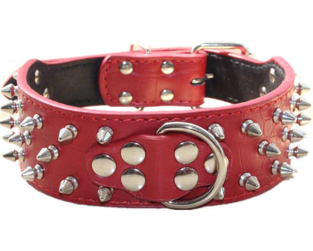 Serijoars Spiked Studded Dog Collar, PU Leather Dog Collar, Adjustable Pet Collars for Medium or Large Breed Pet (M, Pink)