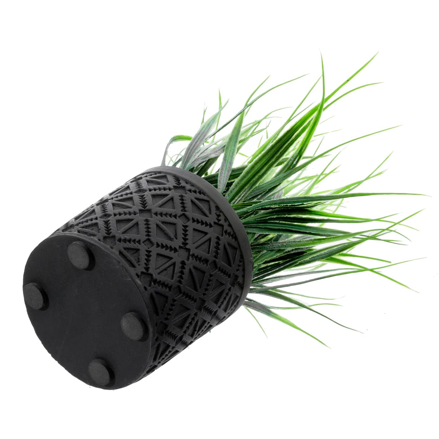 MyGift Artificial Green Grass Plant in Modern Black Concrete Pot with Geometric Embossed Pattern, Tabletop Faux Greenery Decorative Round Cement Planter Home Decor