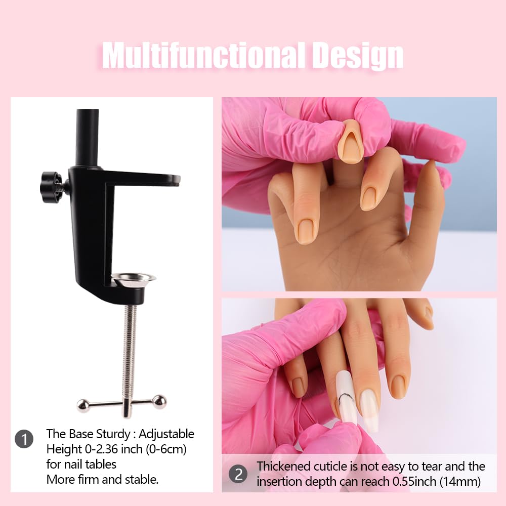 Silicone Practice Hand for Acrylic Nails, Mannequin Hands for Nails Practice with Adjustable Bracket, Life Size Fake Hand for DIY Nails/Nail Art Beginners/Nail Salon Artists