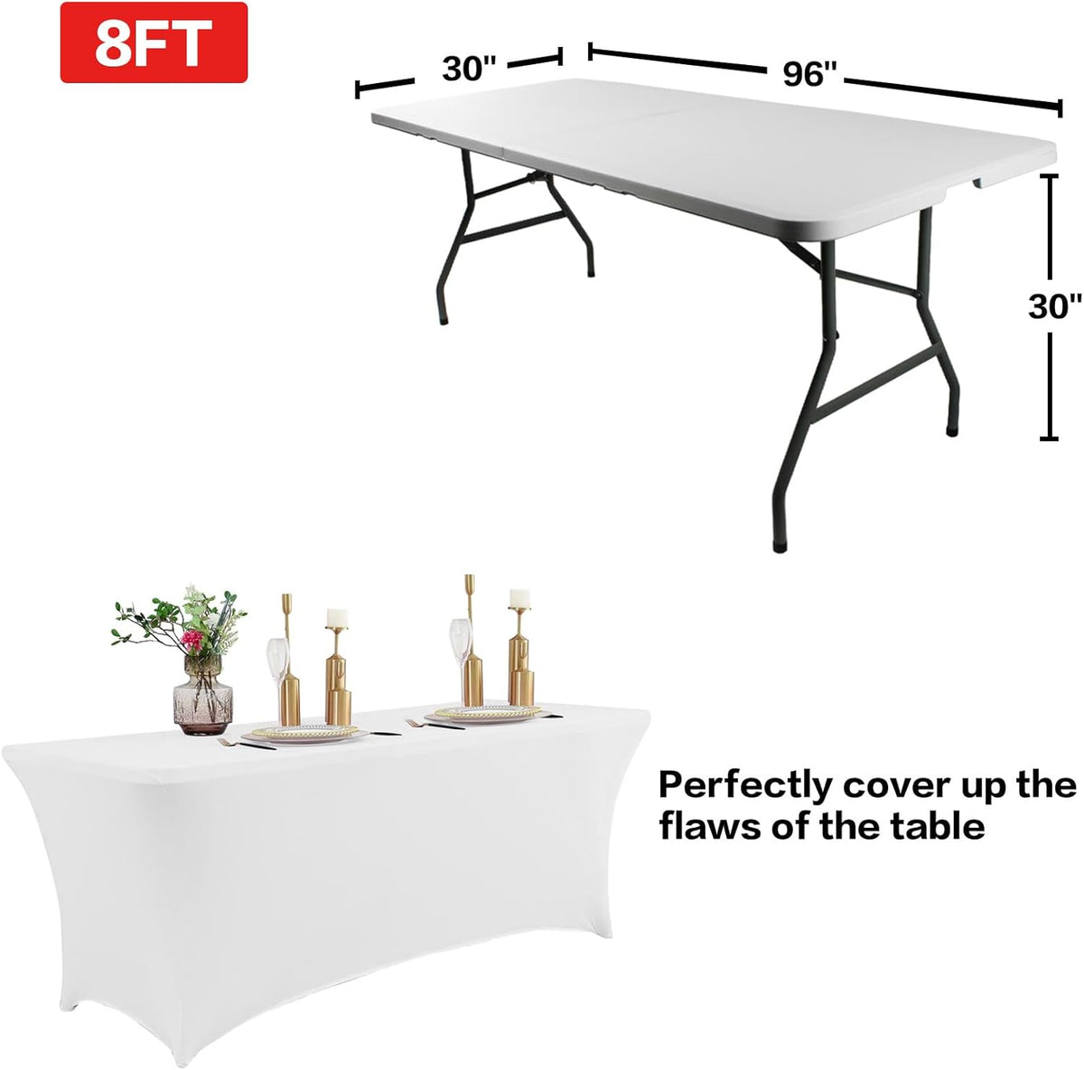 IVAPUPU 2 Pack 8FT Spring Table Cloth for Rectangular Fitted Events Stretch White Table Covers Washable Spandex Tablecloth Protector for Party, Wedding, Cocktail, Banquet, Festival