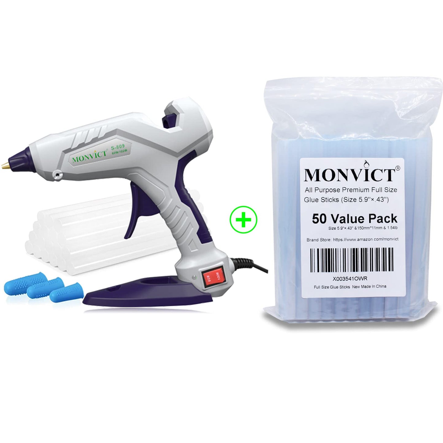 MONVICT 60/100W Full Size Hot Glue Gun Kit and Pack of 50 Hot Glue Sticks 5.9' & 0.43, Base Stand Heavy Duty Melt Glue Gun Kit with 15 Pcs Glue Sticks & 3 Finger Protectors for Quick Repairs,
