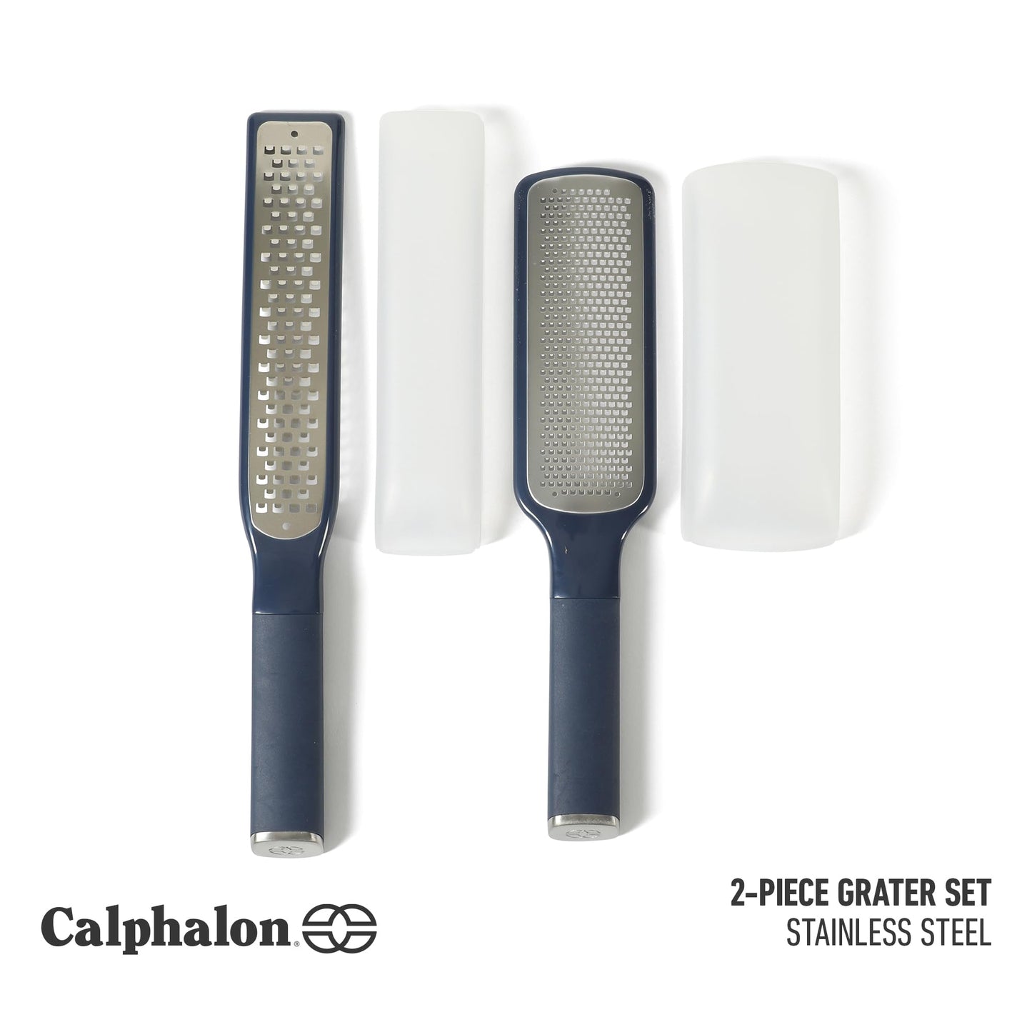 Calphalon Edge 2 Piece Stainless Steel Handheld Cheese Grater and Lemon Zester W/Covers & Rubber Handles - Navy Blue