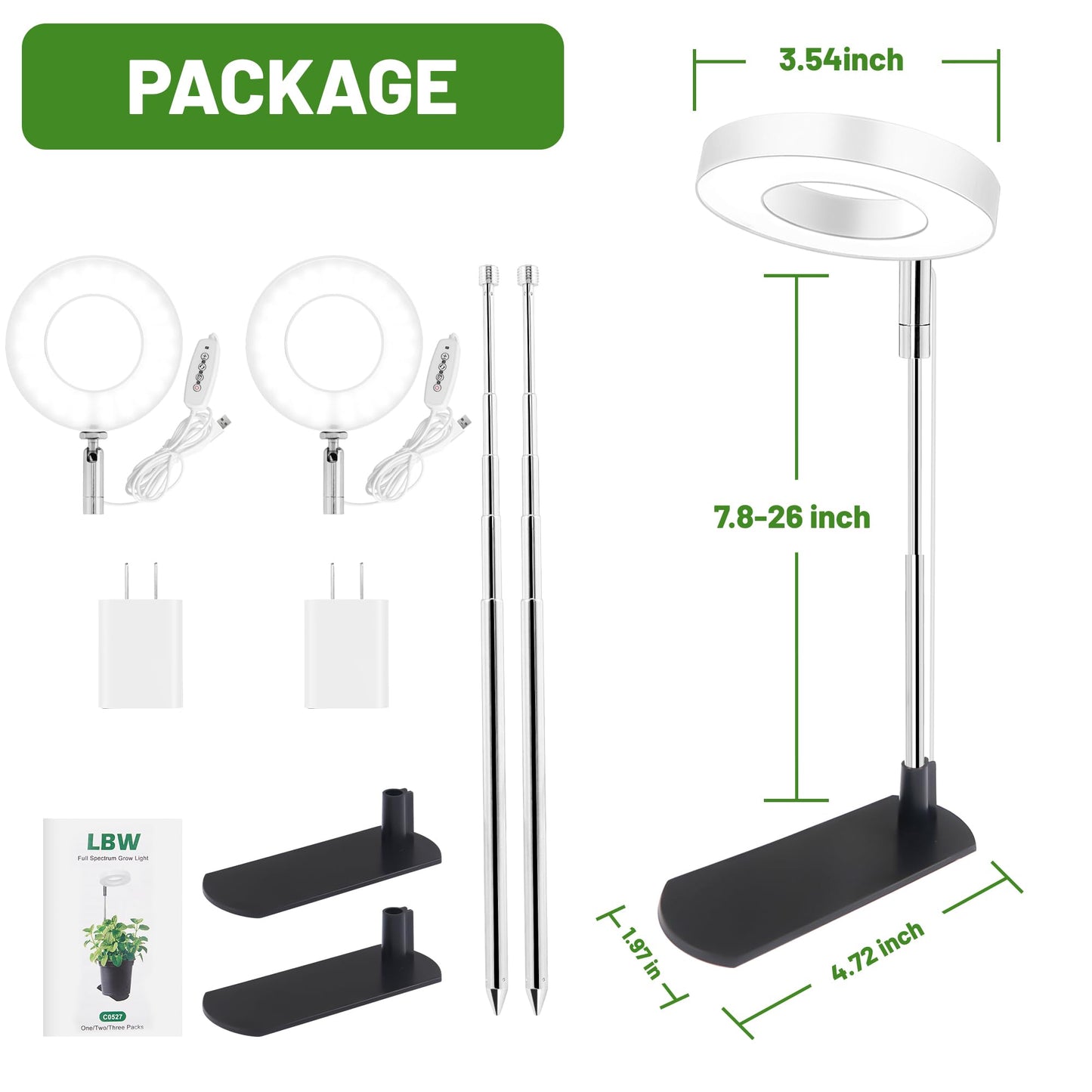 LBW Grow Light for Indoor Plants, Height Adjustable Plant Grow Lamp with Auto On/Off Timer 6/8/12/16H, 3 Colors,5 Dimmable Brightness, for Small Plants, White, 2 Packs