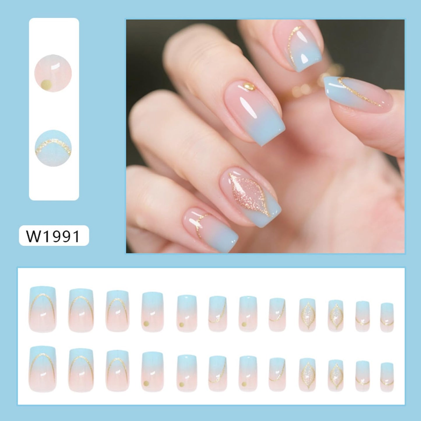 Blue Gradient Press on Nails with Gold Glitter Fake Nails Medium Square Acrylic Glue on Nail Glossy Full Cover False Stick on Nail for Women DIY Artificial Manicure