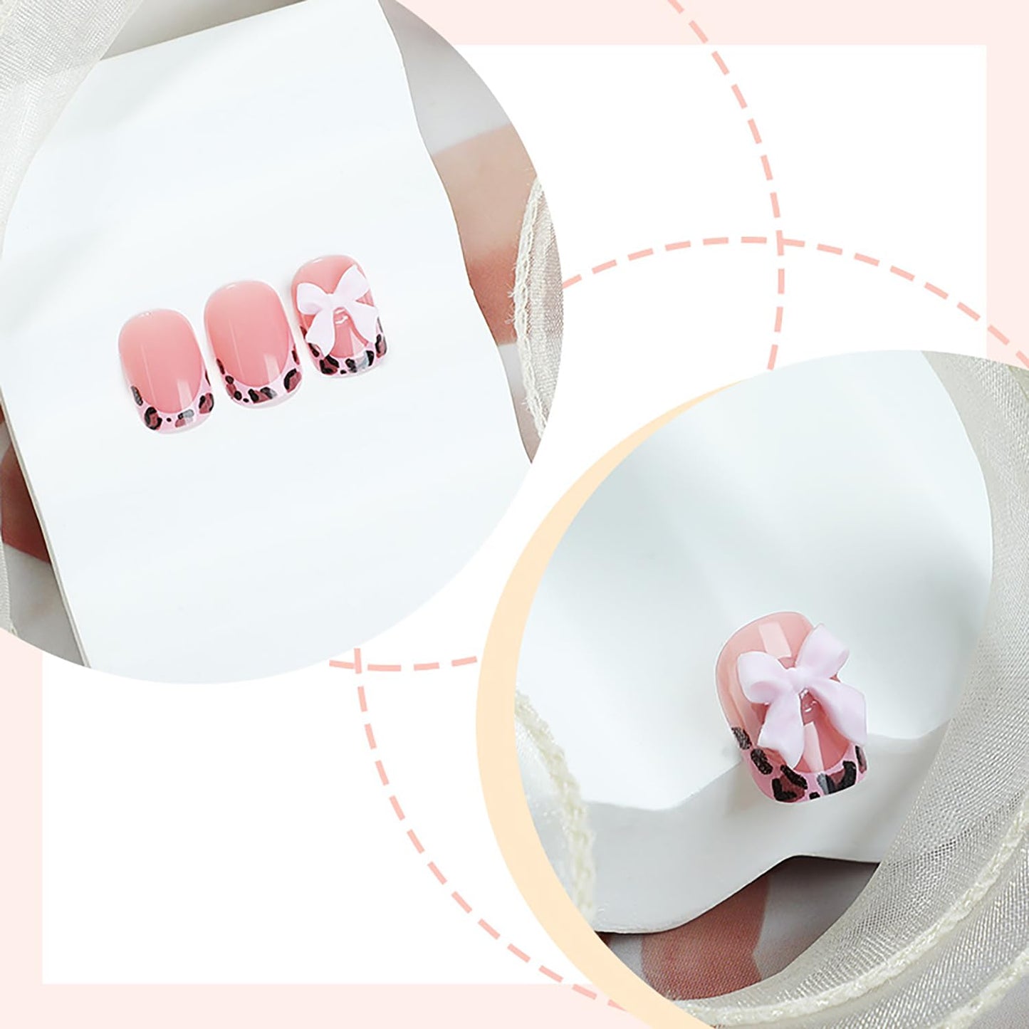 French Leopard Print Press On Nails Short Square Fake Nail White 3D Bow Design Nail Press Ons Pink Glossy Acrylic Nails Reusable False Glue On Nails For Women