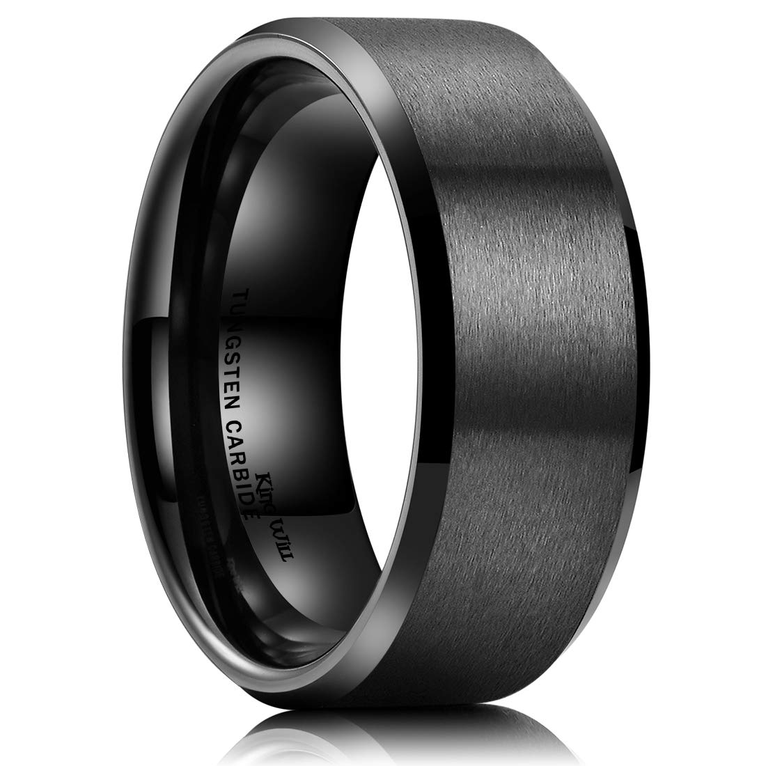 King Will 9mm Men's Black Wedding Ring - Brushed Matte Surface, Beveled Polished Edge, Comfort Fit Size 6