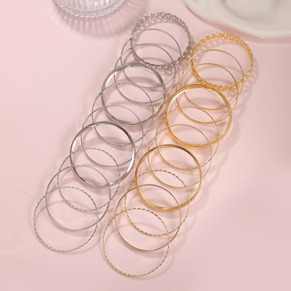RINTOLER 10Pcs Chunky Silver Bangle Bracelets Set for Women - Multi Layer Stackable Textured Bracelets Indian Bangles Boho Jewelry Set (B-10PC-Silver)
