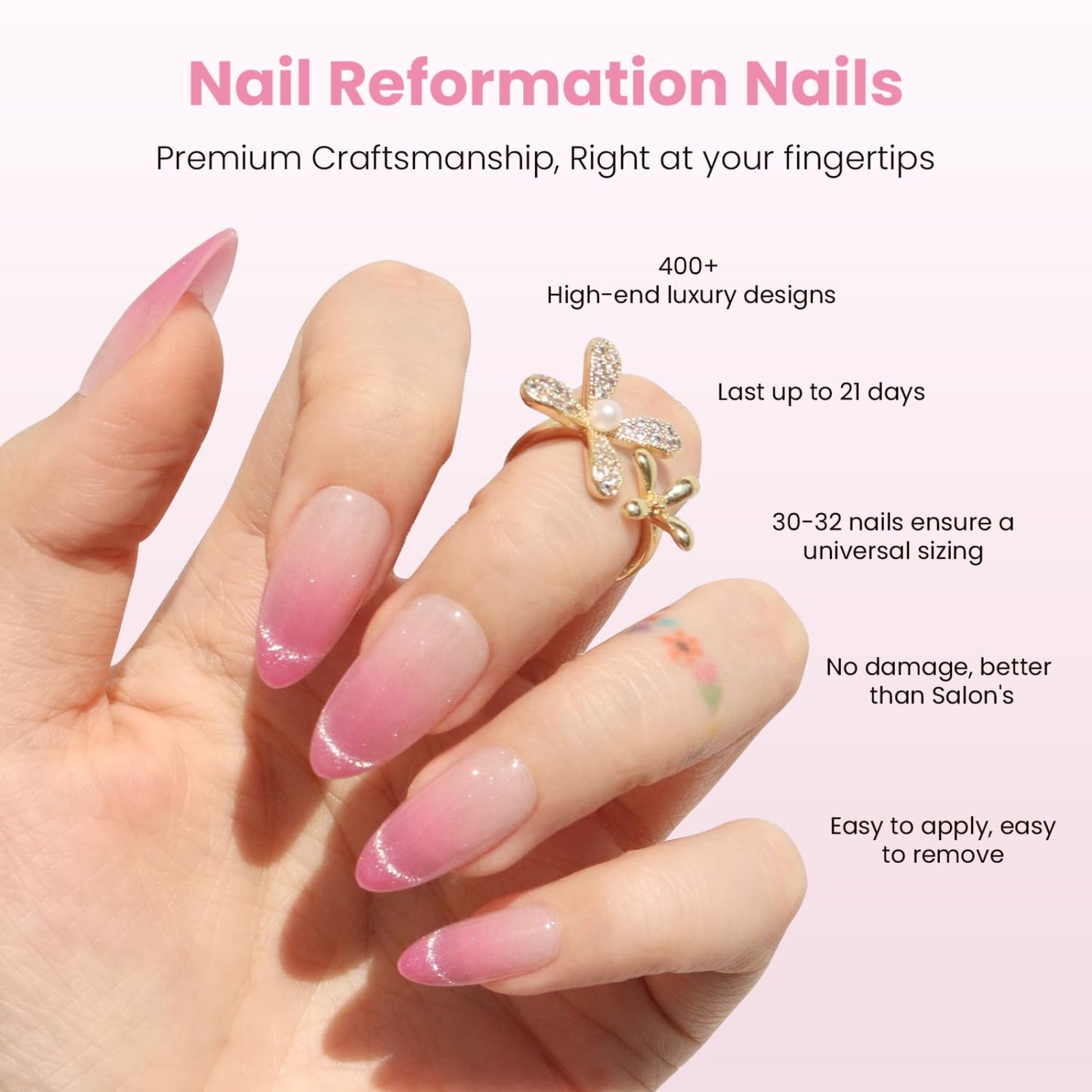 Nail Reformation Press On Nails, Rosewater | Ombre Pink Velvet Shimmer Medium Almond Fake Nails with Glossy Finish, Reusable Stick On False Nails Kit - 30 Pcs in 15 Sizes with Glue, Gifts for Women