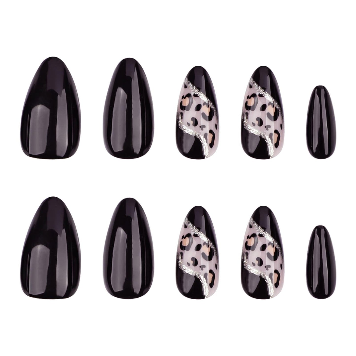 Medium Almond Press on Nails Black Fake Nails with Glitter Lines Leopard Designs Full Cover Glue on Nails Reusable Artificial Stick on Nails for Women 24 Pcs
