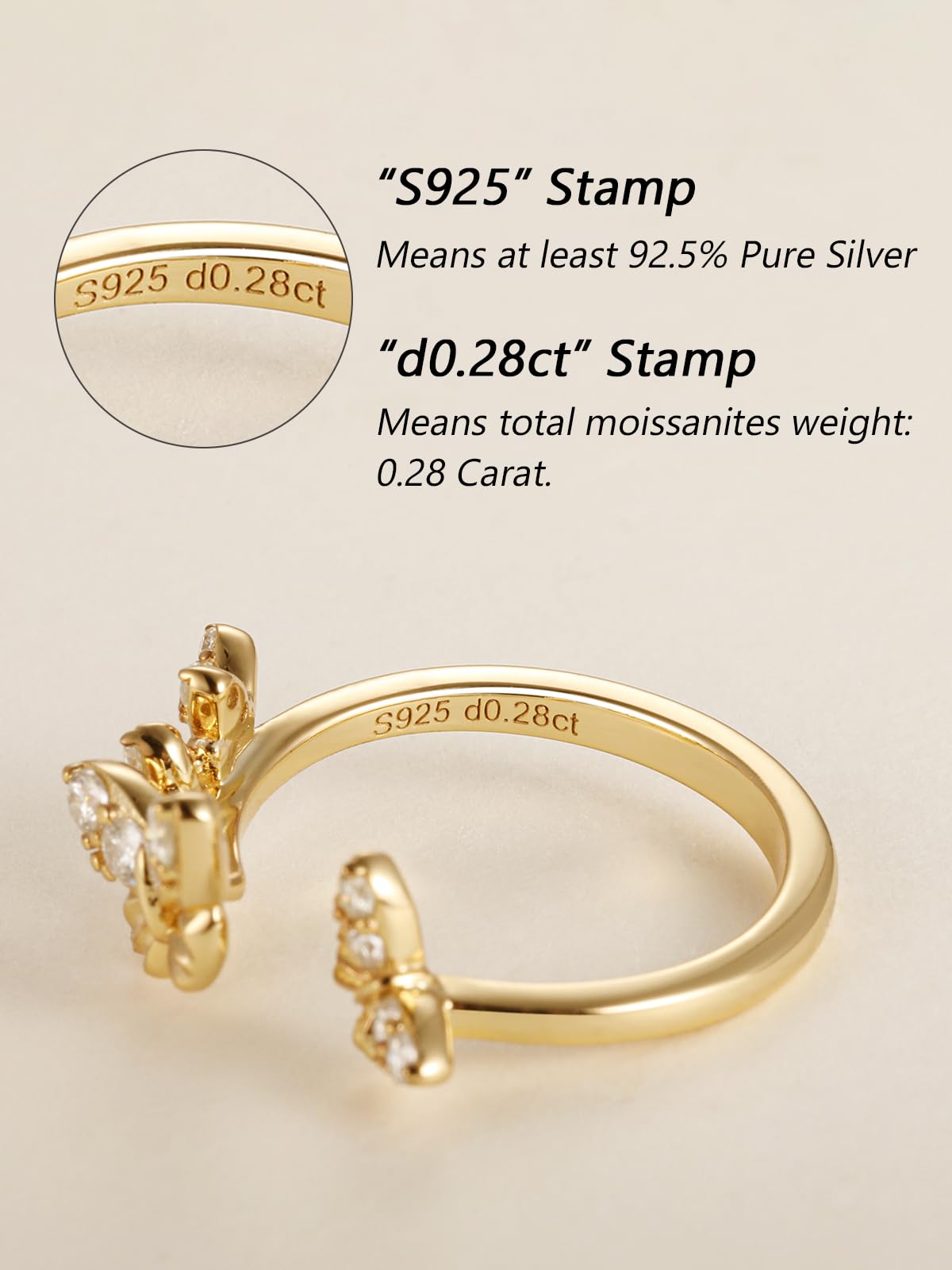 CYW Moissanite Gold Butterfly Ring for Women Adjustable 925 Sterling Silver Stacking Open Rings Size 9