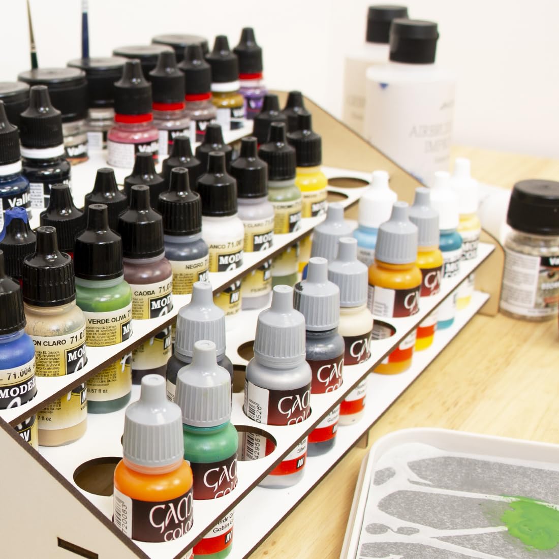 Hartem - Paint Organizer and Storage | Painting Holder Stand for Model Paints & Brushes | Acrylic Paint Rack for Miniature Painting | 52 Bottles (0.61 fl oz) + 8 Bottles (1.18/2.03 fl oz) + 22 Brushes