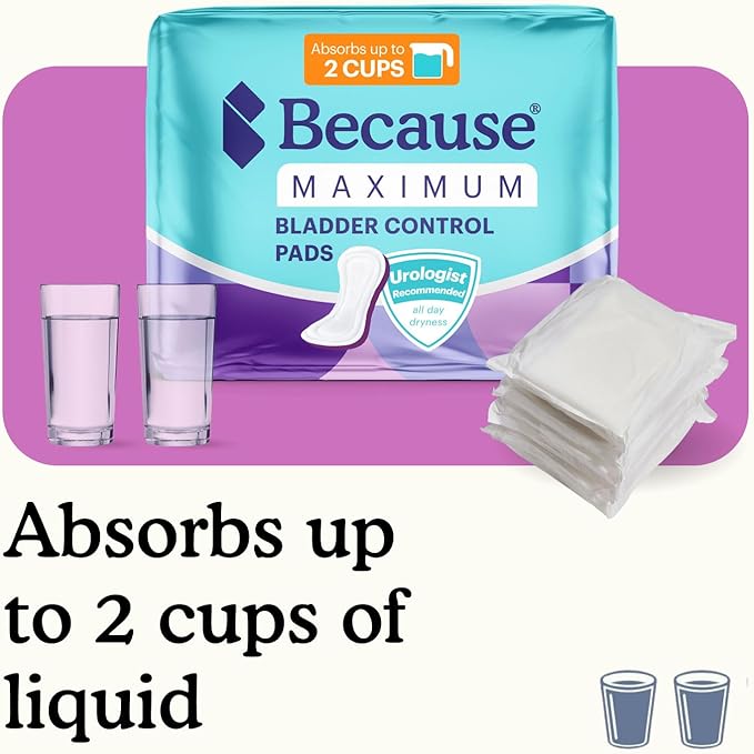 Because Incontinence Pads for Women - Maximum Absorbency, Postpartum Liners, Up to 100% Leak-Free Protection, Discreet Protection for Bladder Leaks, 20 Count