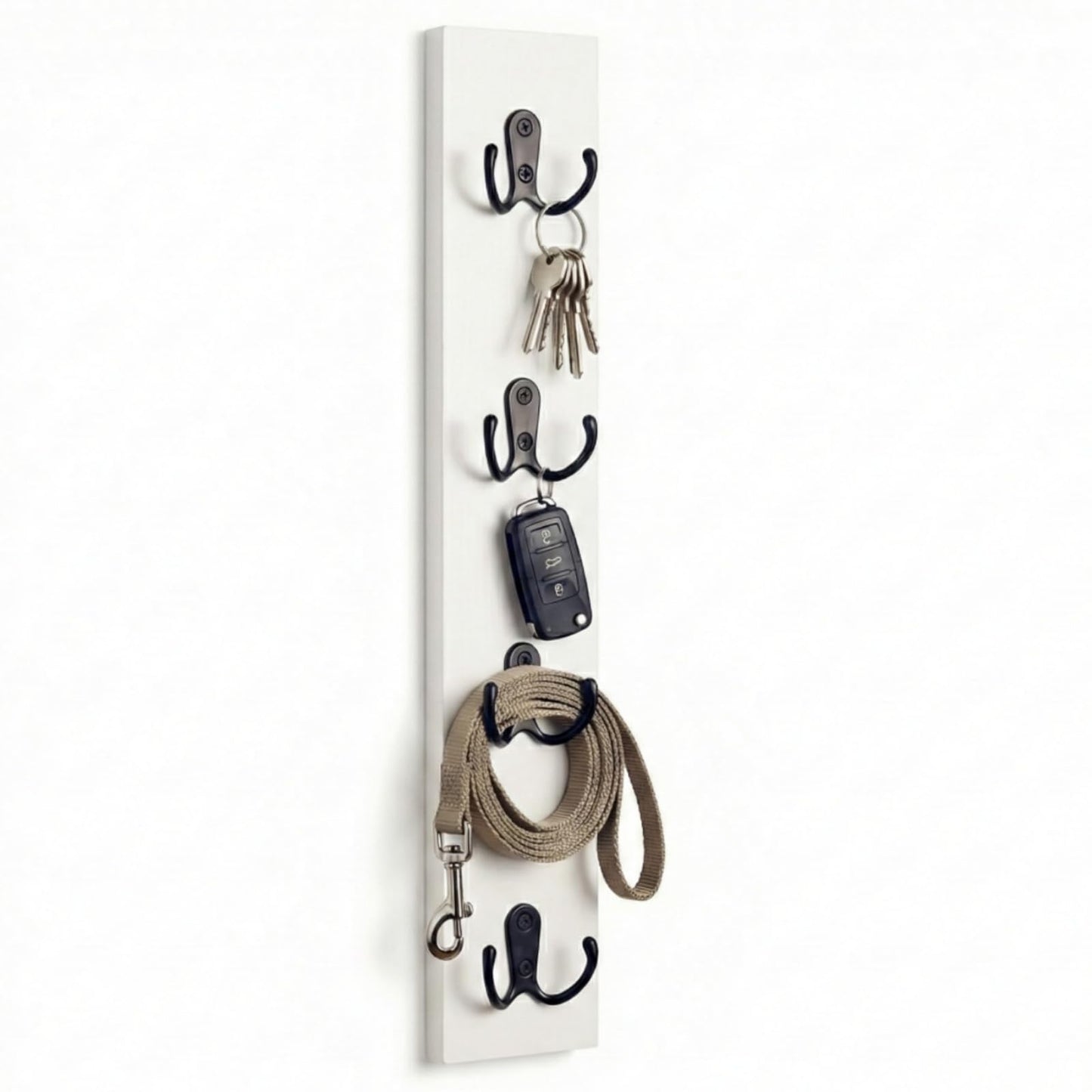 Vertical Key Holder for Wall & Dog Leash Holder – Solid Wood Wall Mount Key Rack with 8 Hooks – Small Space Saving Entryway Organizer for Keys, Lanyards, Masks (Adhesive or Screws) (White)