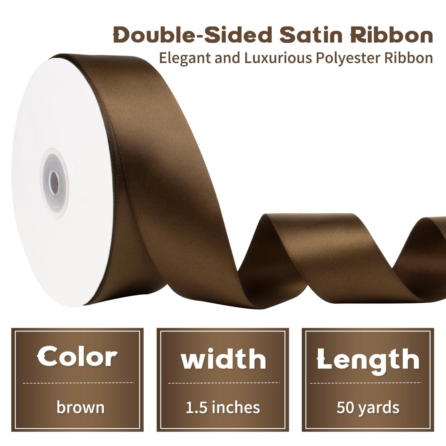 Mlurcu Brown Satin Ribbon - 1.5 Inch, 50 Yards, Double Faced, Thick, Perfect for Gift Wrapping, Flower Bouquets, Wedding Invitations, Hair Bows & Crafts