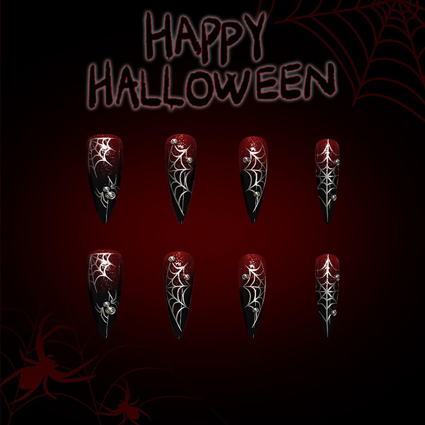 Spider Web Halloween Press on Nails Long Silver Steel Ball Spider Design Halloween Nail Full Cover Glossy Artificial Acrylic False Nail Wine Red Gradinet French Tip Long Stick on Nails for Women