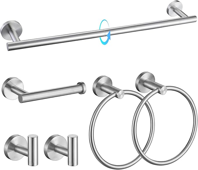 TQKAG Brushed Nickel Bathroom Hardware Set 6-Piece Bathroom Accessory Set 23.6 Inch Round Stainless Steel Towel Bar Set Wall Mounted
