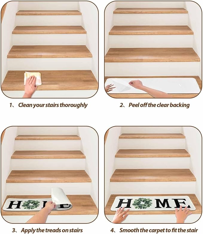 Carpet Stair Treads for Wooden Steps 15 Pack, Home Green Eucalyptus Leaves Garland Soft Peel and Stick Stair Treads, Retro Linen Non Slip Carpet Mat for Kids Elder Pet