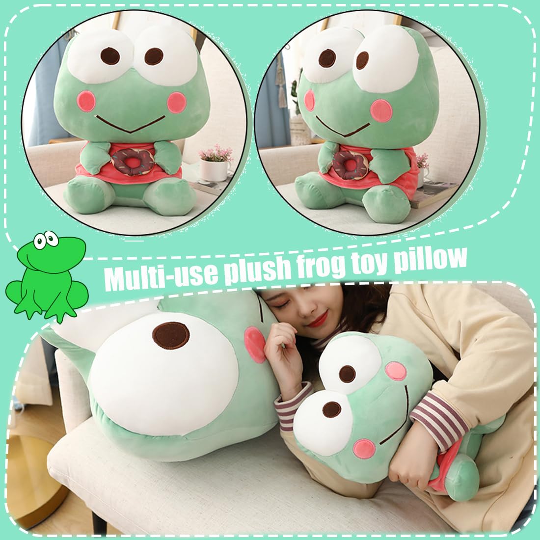 ELAINREN Cuddly Stuffed Frog with Donut,Ultra-Soft Green Froggy Plush Toy Kawaii Fernando Frog Plushie Doll Gifts/13.8''