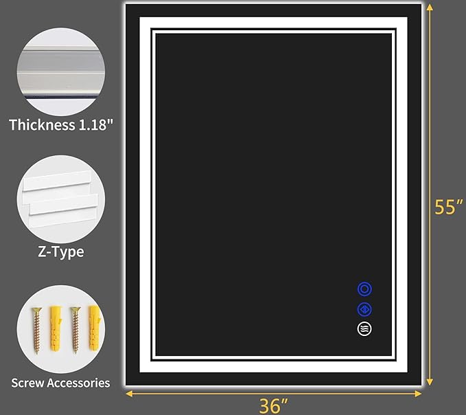 55"x36" LED Bathroom Mirror with Anti-Fog, Stepless Dimmable Lights, 3 Color Modes, Shatter-Proof Tempered Glass, Memory Function & Waterproof Design