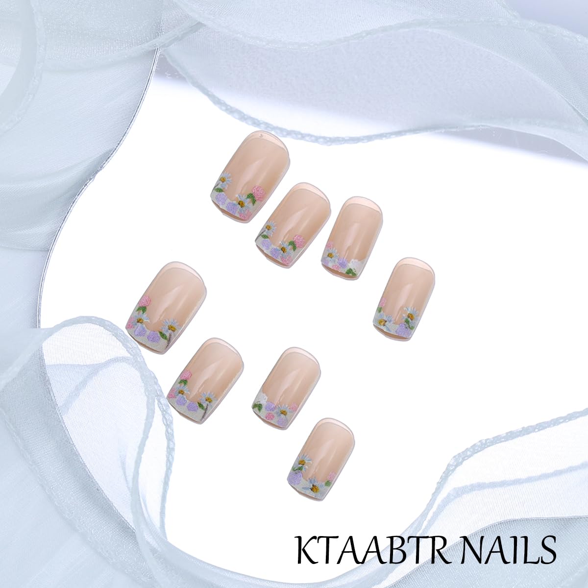 French Tip Press on Nails Short Square Spring Flower Fake Nails with Glue Nude Glossy Acrylic Nails Floral Stick on Nails Full Cover False Nails for Women Manicure 24PCS Reusable Artificial Nails