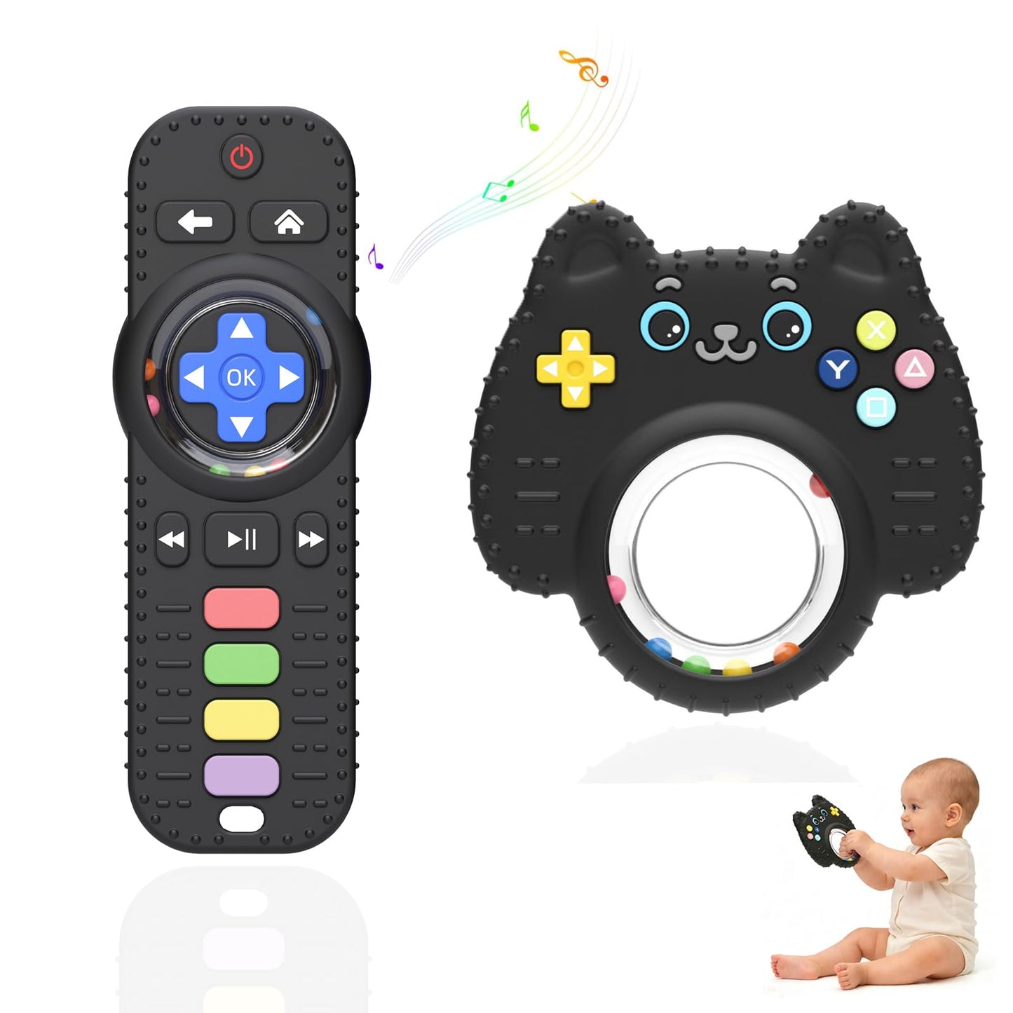 2Pack Teething Toys for Baby 3-6 Months, Teethers for Babies 6-12 Months, Remote Rattle Ring Teether for Baby, Sensory Toys for Babies, Baby Chew Toy