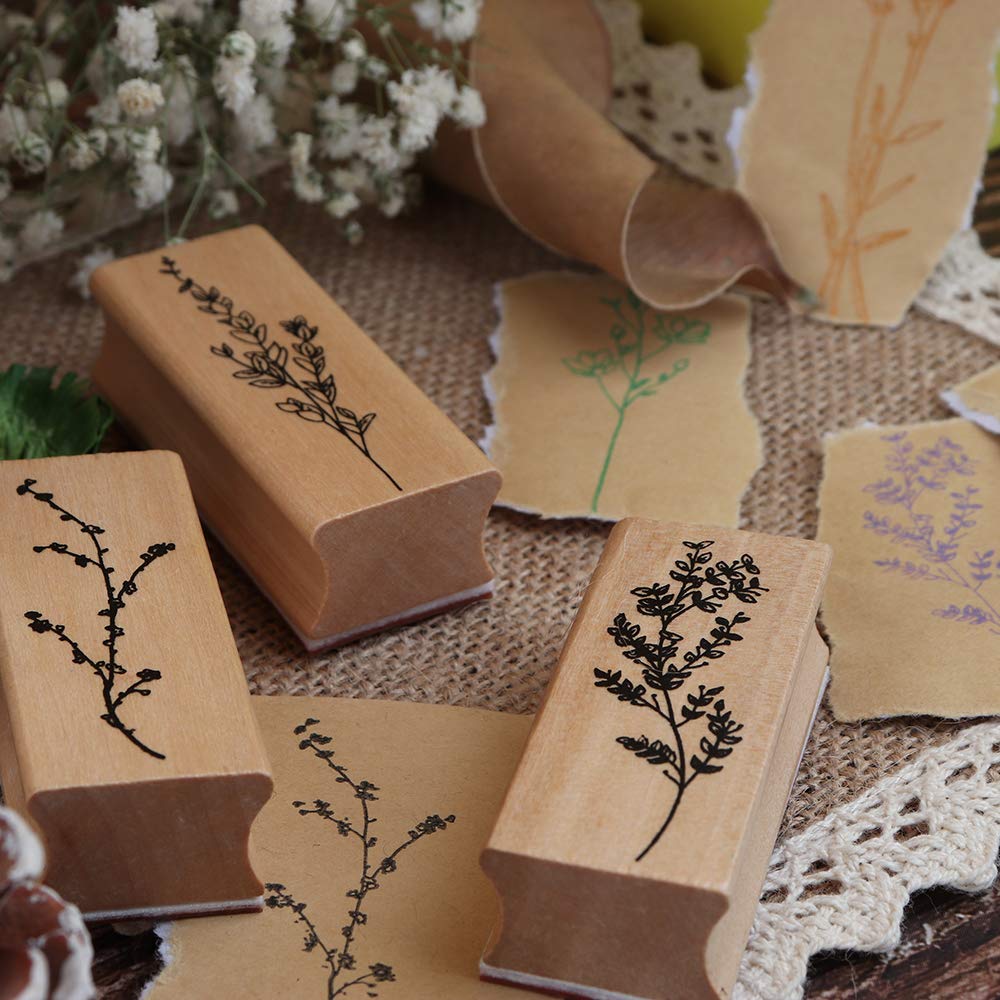 Dizdkizd 8 Pieces Wood Mounted Rubber Stamps, Plant and Flower Decorative Wooden Rubber Stamp Set for DIY Craft, Diary and Craft Scrapbooking