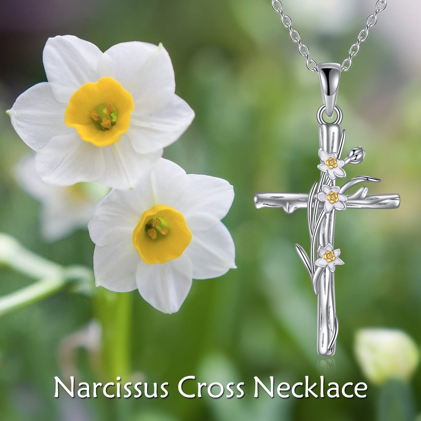 LUHE Women's Cross Necklace - Sterling Silver Daffodils Religious Cross Pendant - Jewelry Gift for Christmas or March Birth Flower