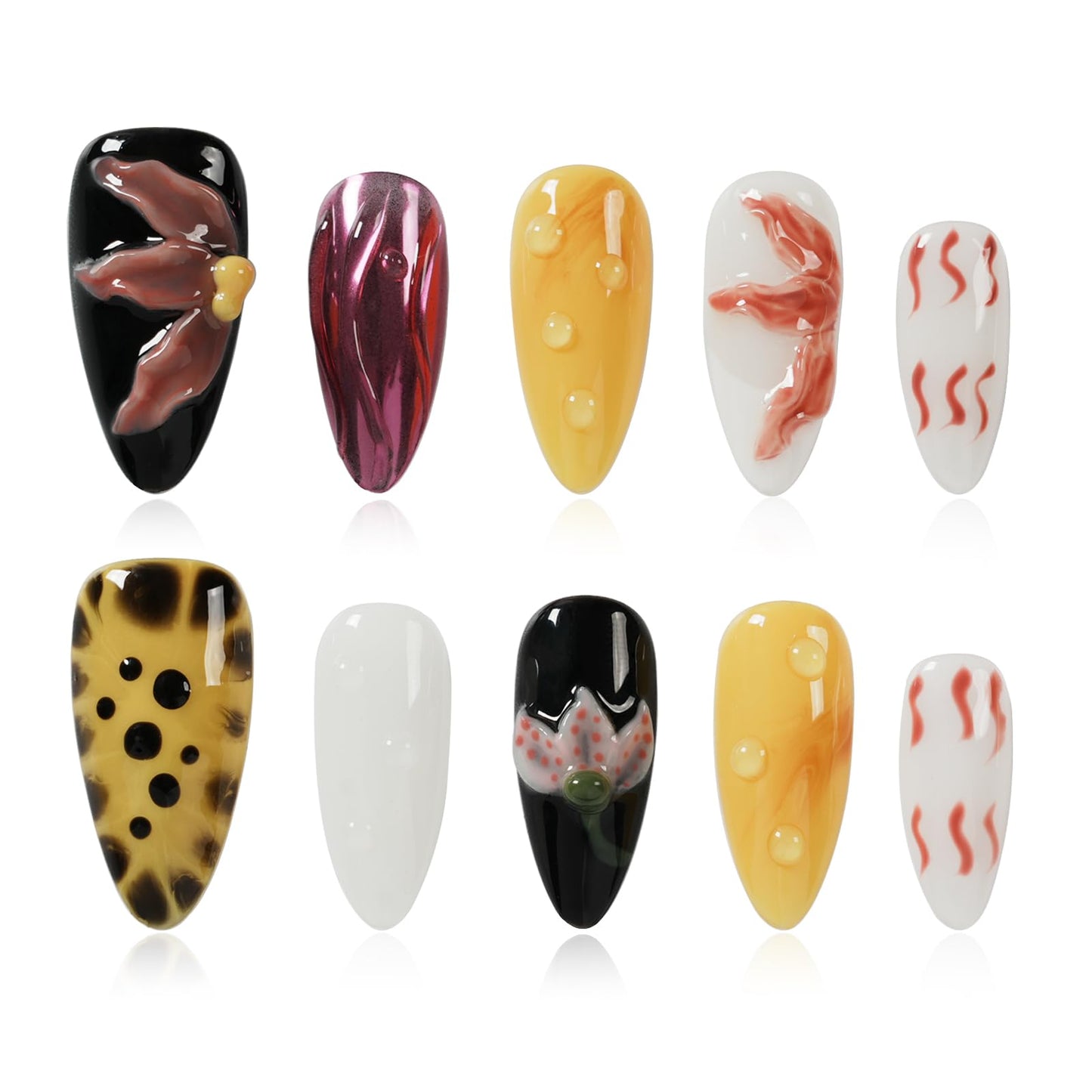 Tesytto Handmade Press on Nails with 3D Flower & Water Droplets - Luxury Multicolor Almond Fake Nails - Reusable Salon Quality Stick on Nails for Women (Bold Bloom & Dot Glam, M)