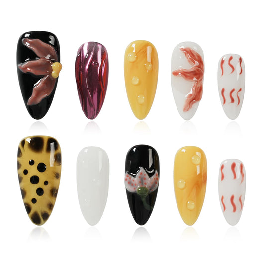 Tesytto Handmade Press on Nails with 3D Flower & Water Droplets - Luxury Multicolor Almond Fake Nails - Reusable Salon Quality Stick on Nails for Women (Bold Bloom & Dot Glam, M)