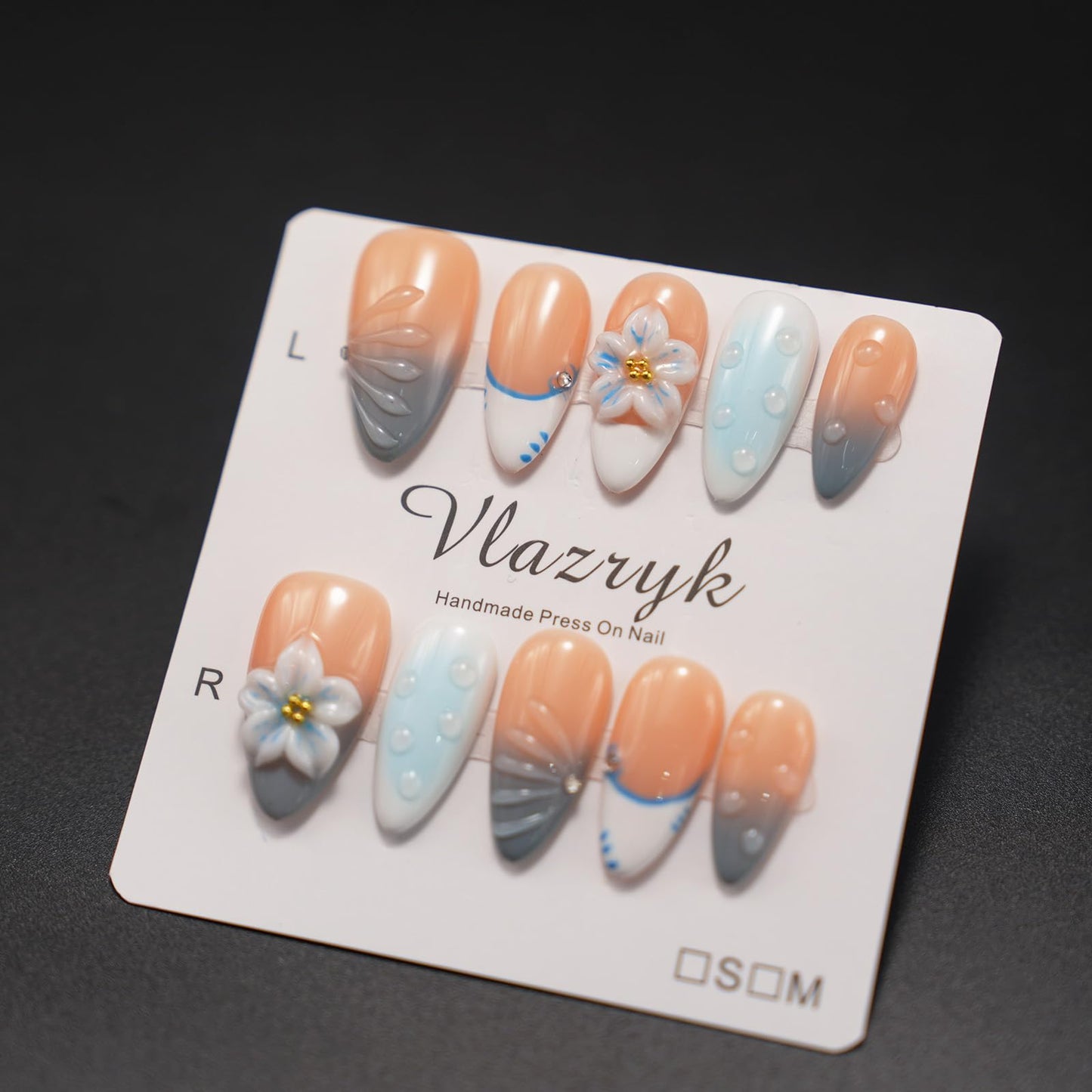 Handmade Press-On Nails for Women - Medium Almond Fake Nails | Luxury Gradient Blue 3D Floral Design | Reusable Salon-Quality Glossy Acrylic False Nails.（M Size)