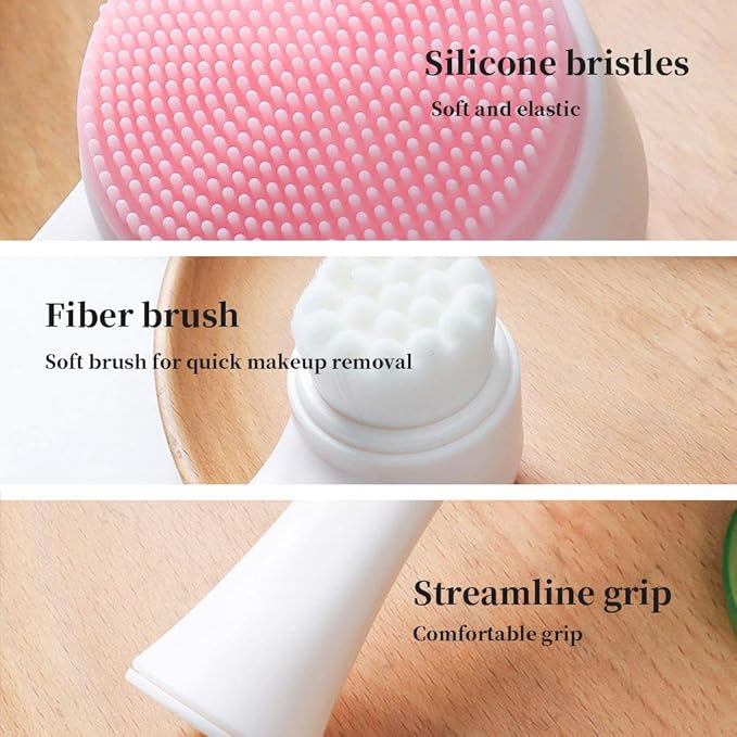 3D Stand Vertical Silicone Facial Wash Brush, Double Sides Face Brush, 2 in 1 Facial Cleansing Brush Manual Dual-action Face Brush for Acne, Clogged Enlarged Pores Sensitive Delicate, Dry Skins (Pink)