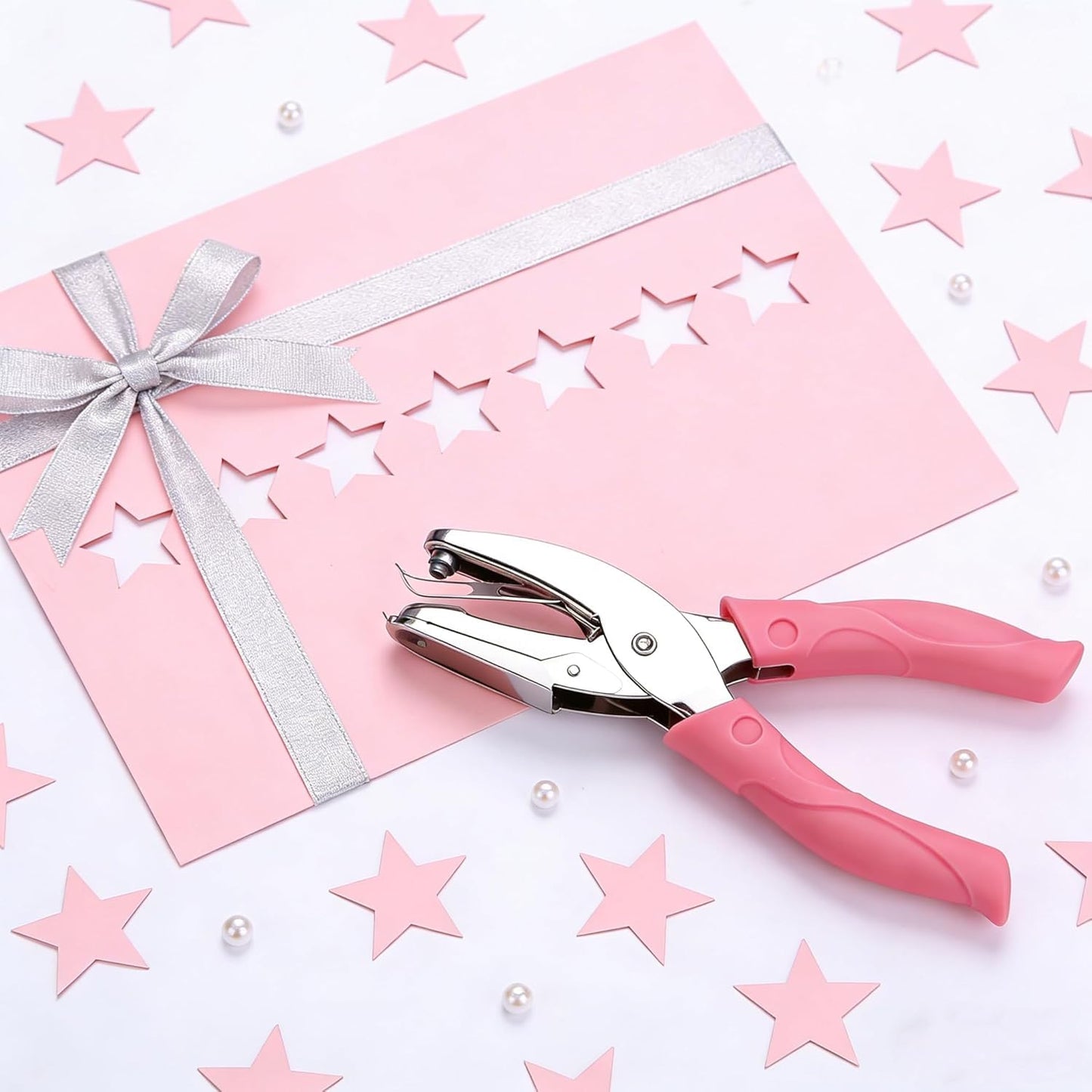 2 Pack Craft Hole Punch Set, Handheld Single Hole Punch with 5mm Star & 5.5mm Heart, Soft Grip Paper Punch for Scrapbooking, Card Making, DIY Crafts, Kids Adults Office Supplies, Pink Green