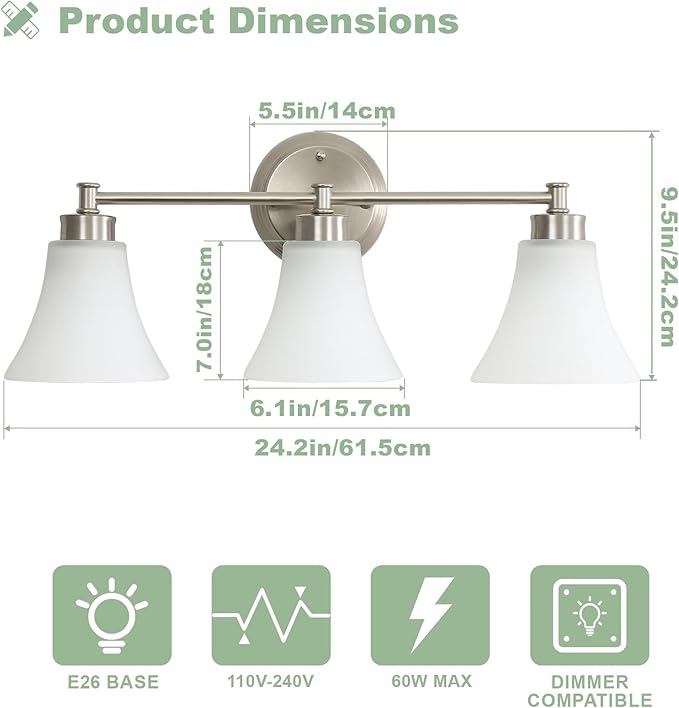 LOUSACE 3 Light Bathroom Vanity Light Vintage Brushed Nickel Bathroom Lighting Fixtures Over Mirror, Traditional Wall Sconce Lighting with Opal Glass Shade, Nickel Vanity Lighting Fixture
