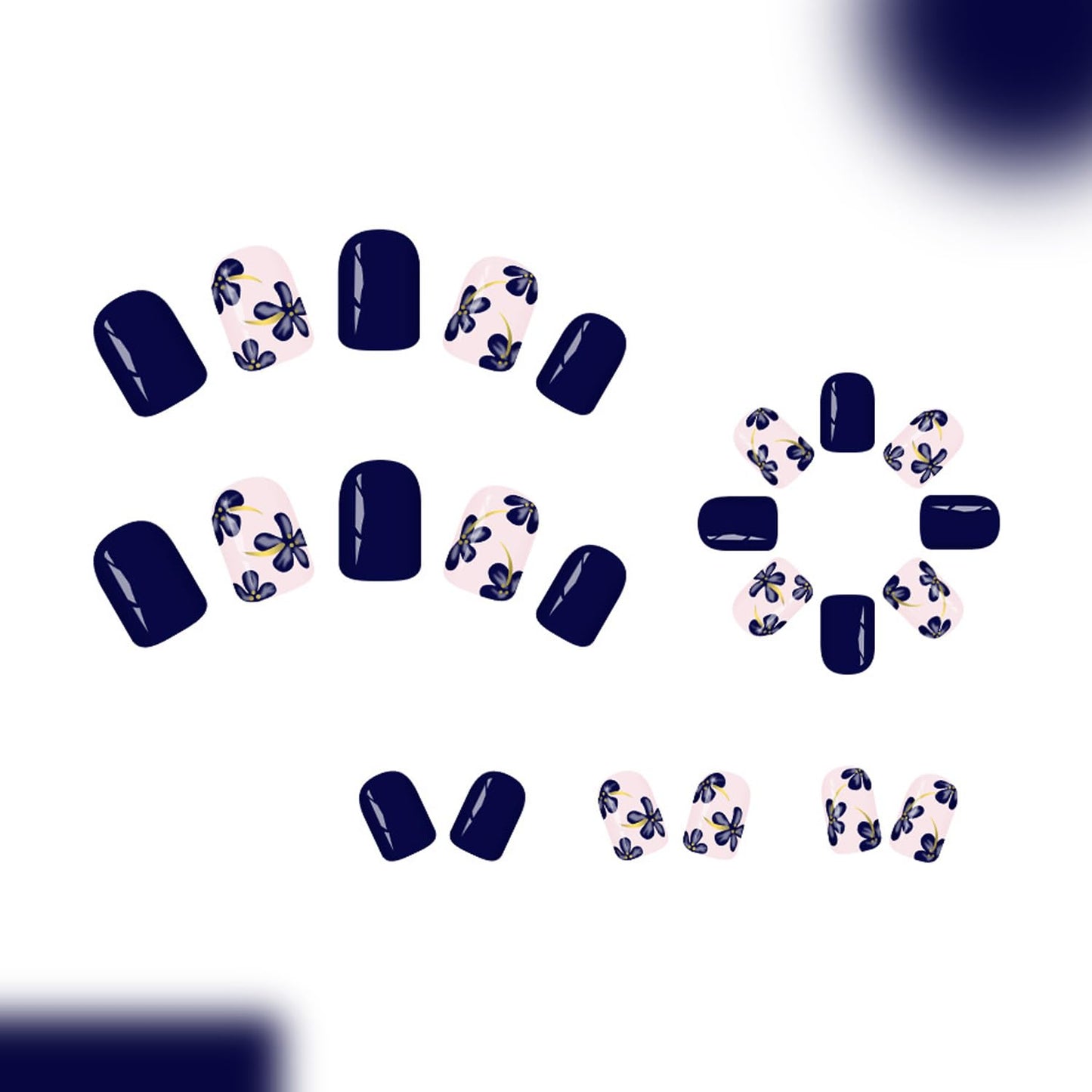 24pcs Square Press On Nails Short Fake Nails Dark Blue False Nails With Flower Design Full Cover Acrylic Reusable Spring Glue On Nail Summer Cute Stick On Nail For Women Manicure