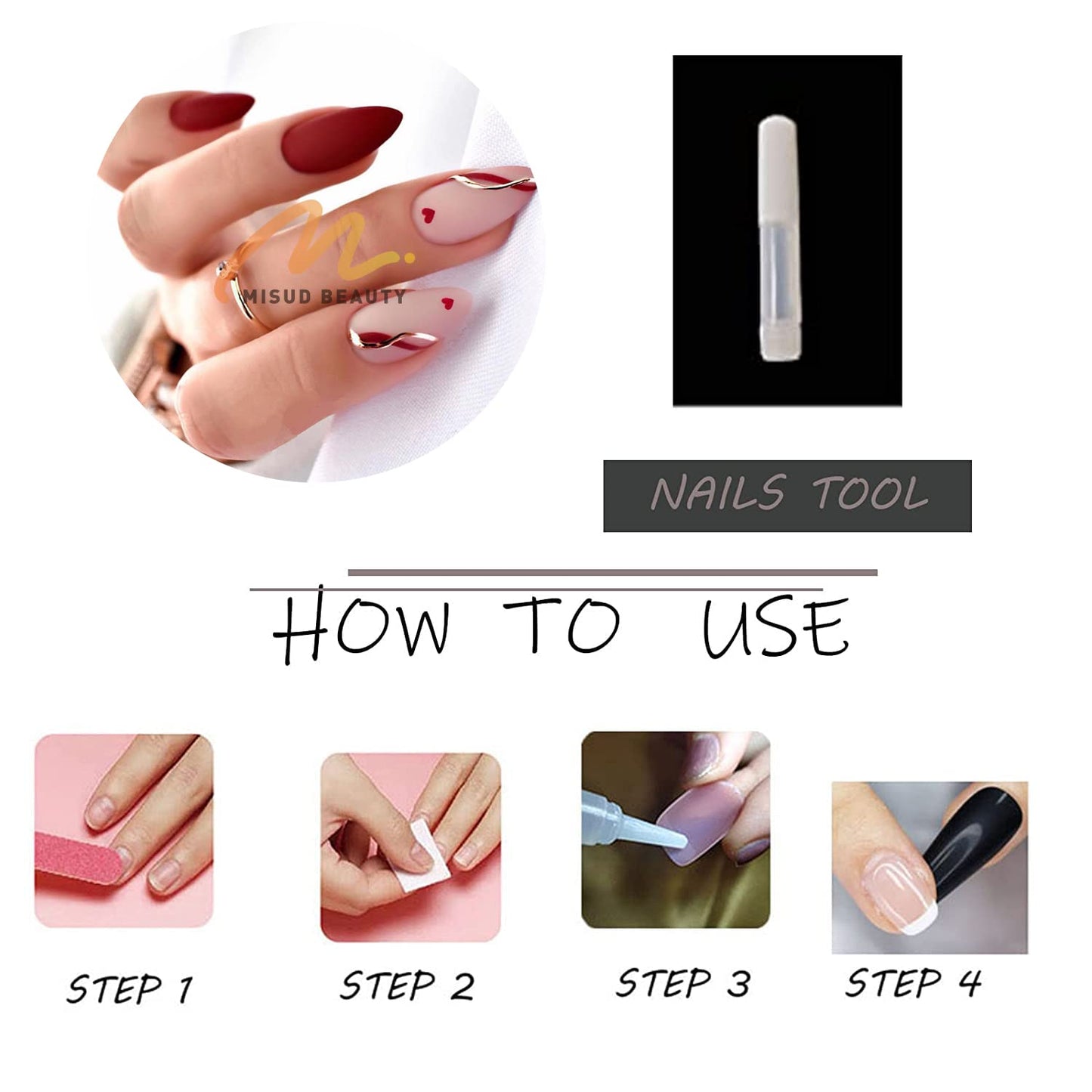 MISUD Press on Nails - Medium Almond Fake Nails with Red Heart, Acrylic Gold Line Design 24 pcs