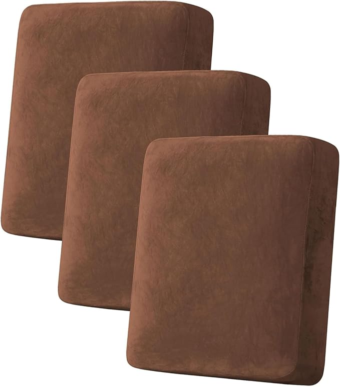 H.VERSAILTEX Velvet Stretch Couch Cushion Cover Plush Cushion Slipcover for Sofa Cushion Furniture Protector Seat Cushion Sofa Cover (3 Piece Sofa Cushion Covers, Caramel Cafe)