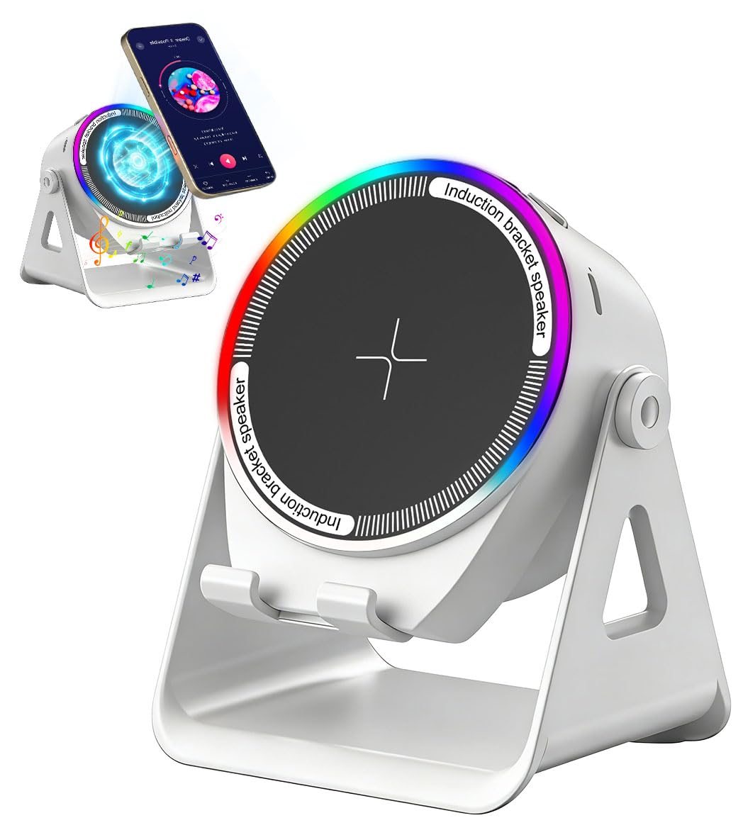NIIFAWH Bluetooth Speaker, 4-in-1 Wireless Induction Speaker & RGB Light Stand Multi-Functional Phone Stand Instant-Connect Stereo Sound, 360° Adjustable Holder for iPhone/Android/iPad/Samsung (Weiß)