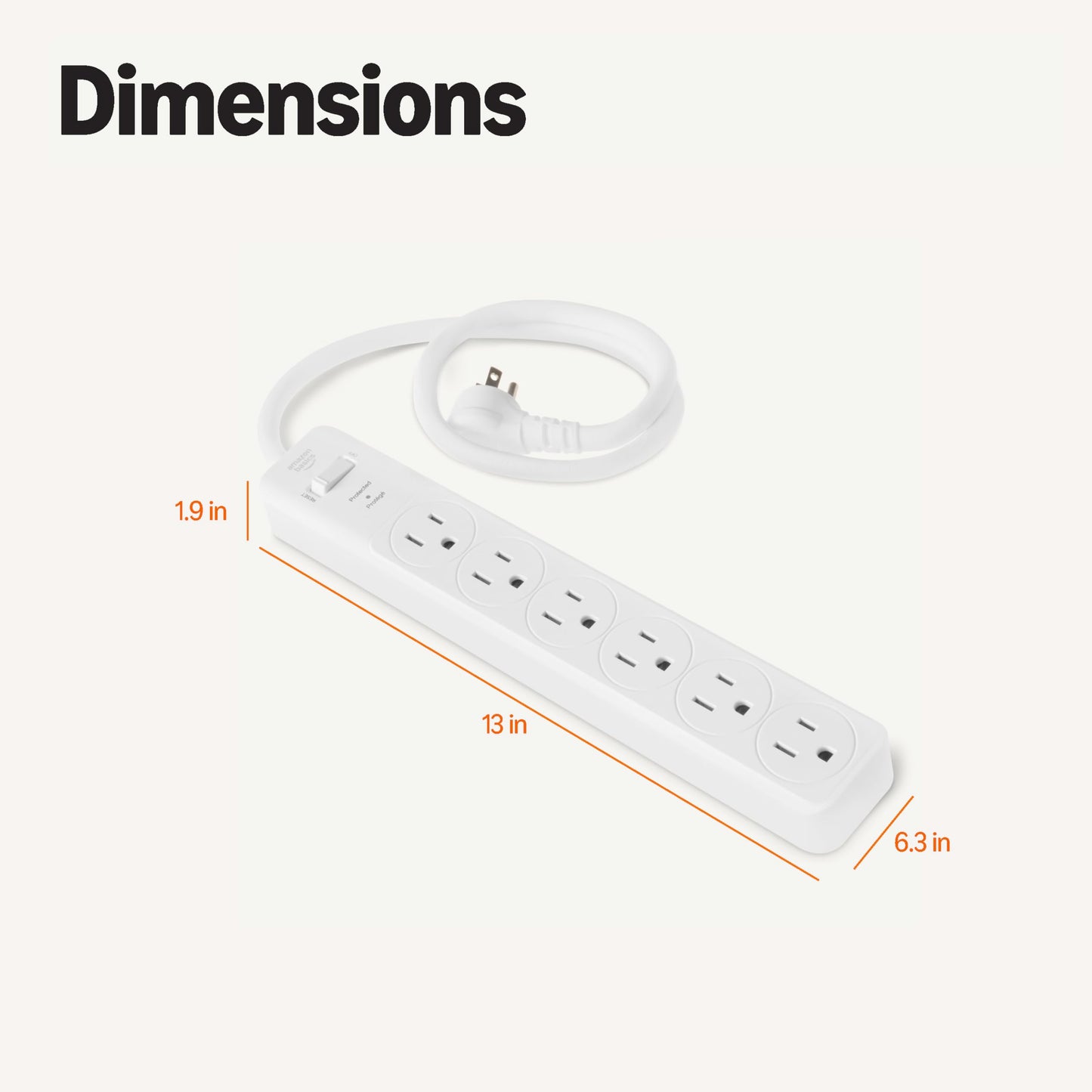 Amazon Basics Rectangle 6-Outlet Surge Protector Power Strip with Circuit Breaker, 600 Joule, 2ft Cord, White, 2-Pack