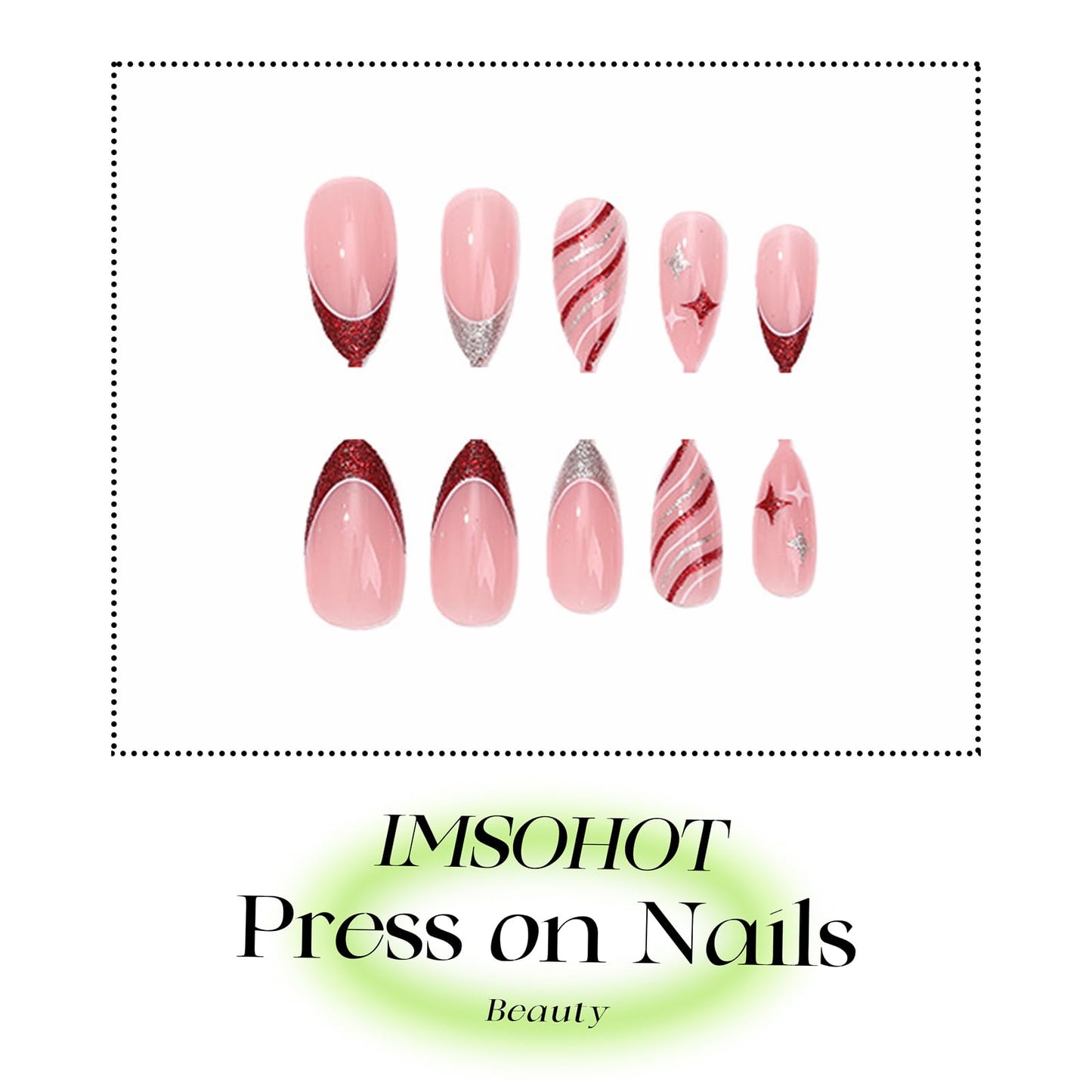 IMSOHOT Press on Nails Medium Almond Fake Nails Red Silver Glitter Glue on Nails Full Cover Cute Bling Star Acrylic False Nails