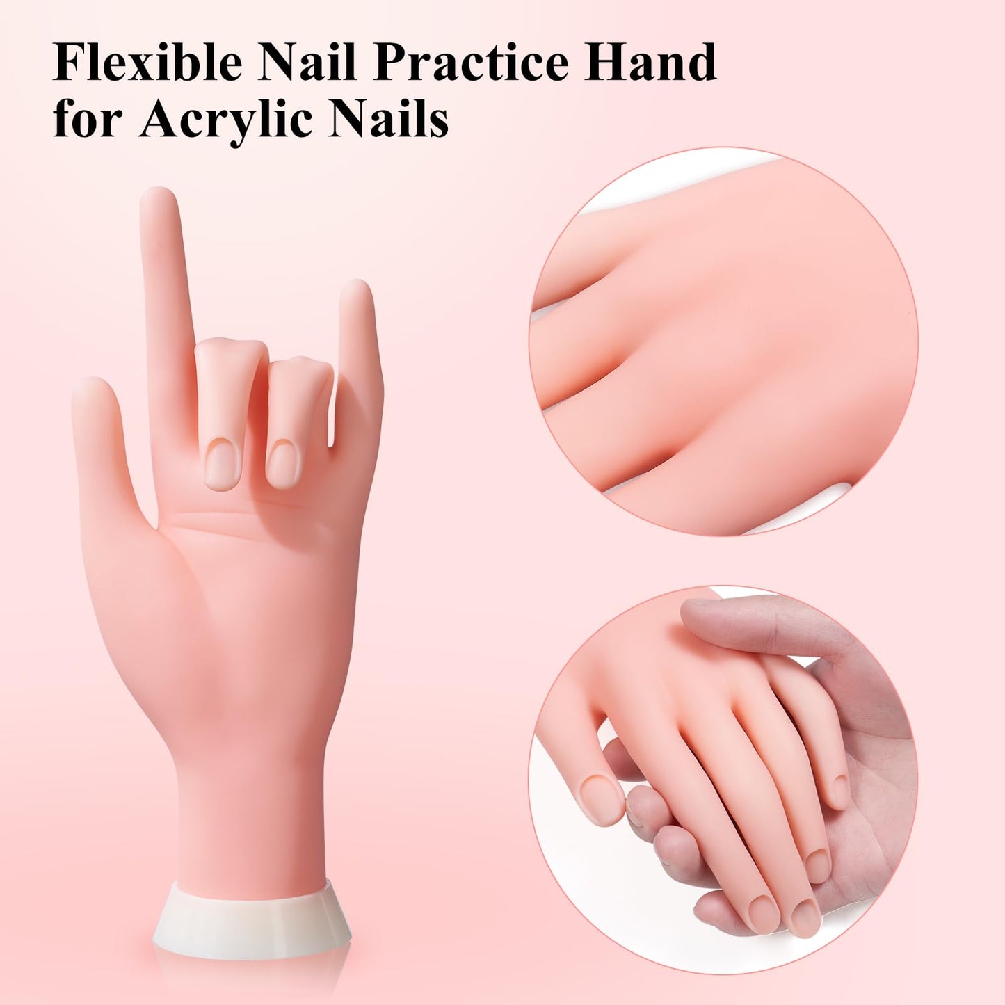 Practice Hand for Acrylic Nails,Nail Mannequin Hands for Nails Practice,Fake Nail Training Hand Manicure, Flexible Bendable Nail Hand with 100PCS Nail Tips,Painting Pen,Nail Clay and Nail Rhinestones