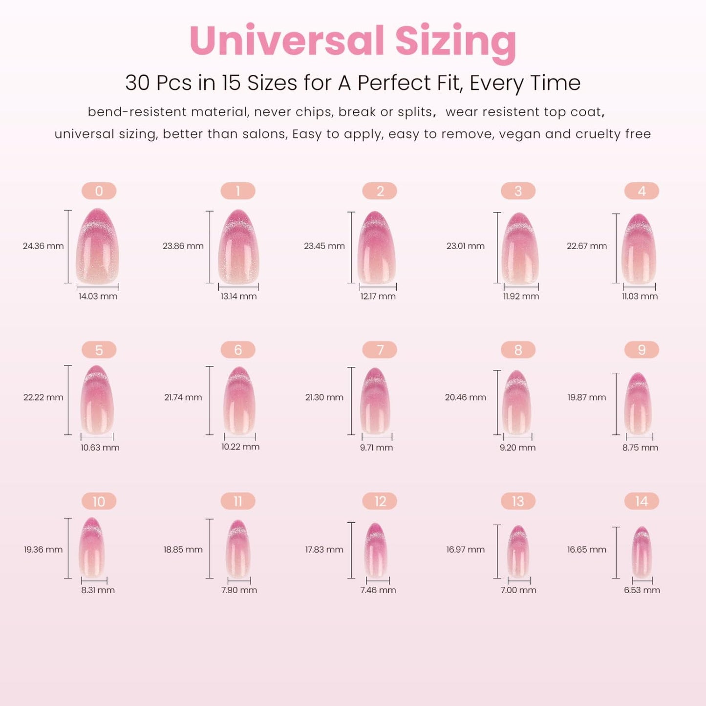 Nail Reformation Press On Nails, Rosewater | Ombre Pink Velvet Shimmer Medium Almond Fake Nails with Glossy Finish, Reusable Stick On False Nails Kit - 30 Pcs in 15 Sizes with Glue, Gifts for Women