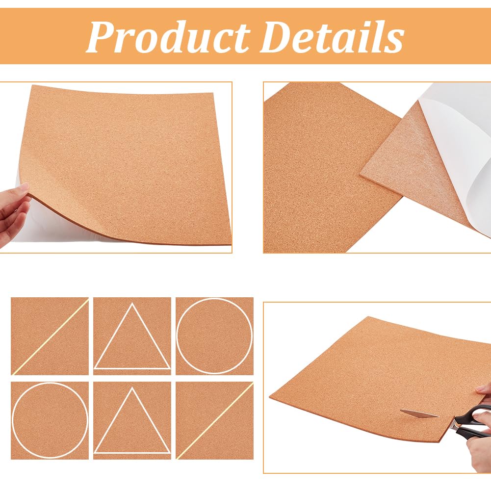 BENECREAT 6 Pack 12x12 Back-Adhesive Cork Sheets 3mm Thick Rectangle Insulation Cork Backing Sheets for Coaster, Wall Decoration, Wedding Party, Festival DIY Crafts Supplies