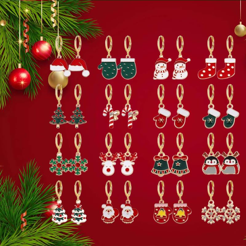 16 Pairs Christmas Reindeer Santa Hoop Earrings for Women Unique Winter Xmas Tree Snowflake Bow Bell Snowman Penguin Earrings Christmas New Year Jewelry Gifts - style: Hat